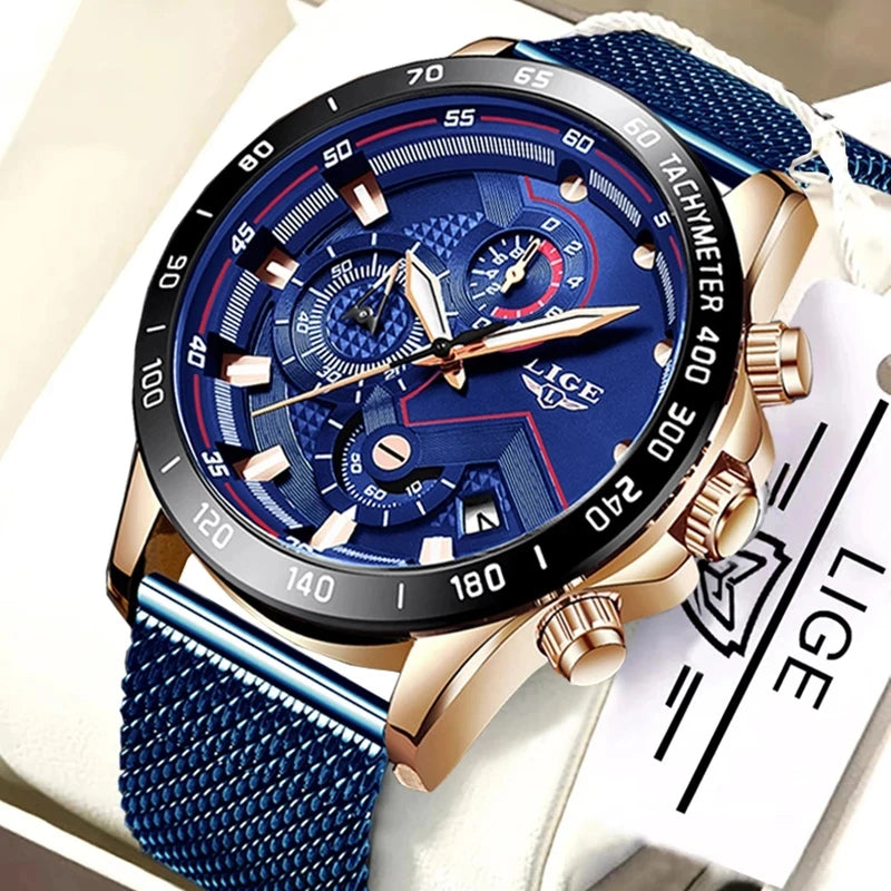 2025 New Fashion Casual Mens Watches Luminous LIGE Top Brand Luxury Wristwatch Quartz Clock Blue Watch For Men Relogio Masculino