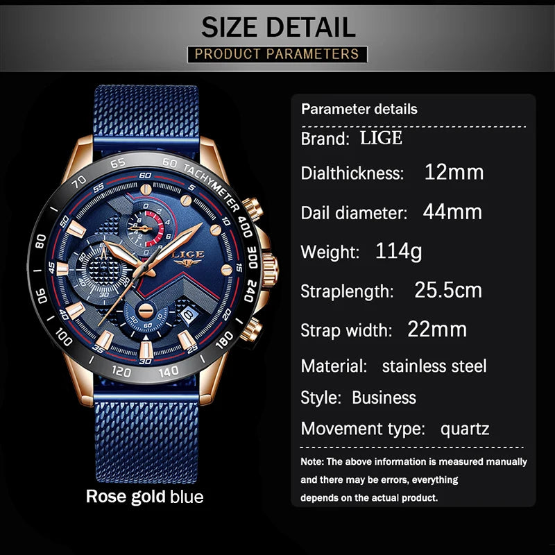 2025 New Fashion Casual Mens Watches Luminous LIGE Top Brand Luxury Wristwatch Quartz Clock Blue Watch For Men Relogio Masculino