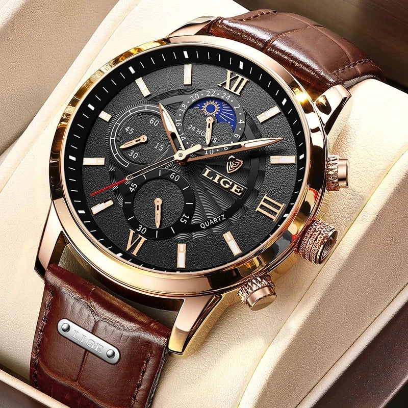 2025 New Mens Watches LIGE Top Brand Luxury Leather Casual Quartz Watch Men's Sport Waterproof Clock Watch Relogio Masculino+Box