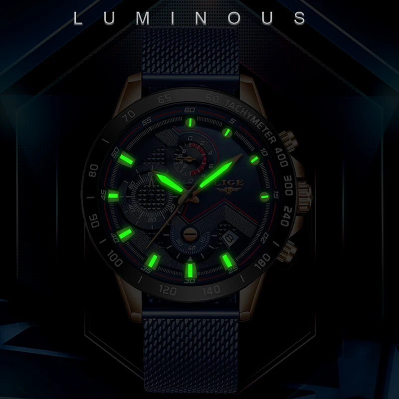 2025 New Fashion Casual Mens Watches Luminous LIGE Top Brand Luxury Wristwatch Quartz Clock Blue Watch For Men Relogio Masculino
