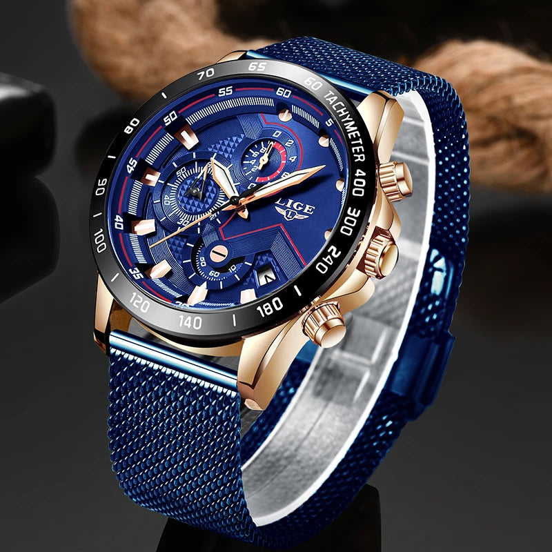 2025 New Fashion Casual Mens Watches Luminous LIGE Top Brand Luxury Wristwatch Quartz Clock Blue Watch For Men Relogio Masculino