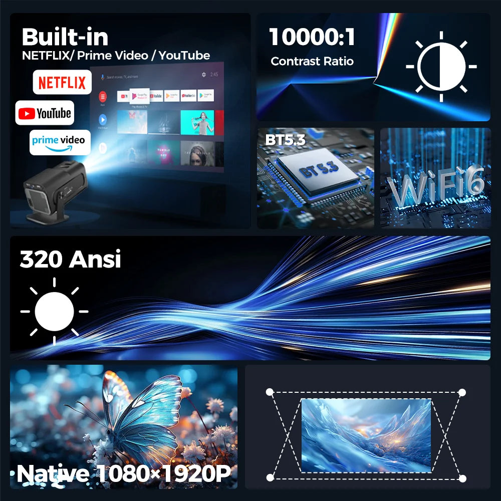iSinbox Netflix Officially Licensed Android 13 NTV Projector 1080P Support 4K 320ANSI Dual WiFi BT5.3 Portable Projector HY320AA