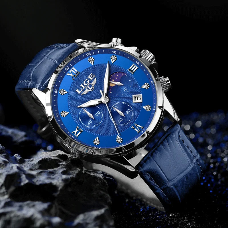 LIGE Fashion Mens Watches Top Brand Luxury Business Quartz Man Wristwatch Luminous Chronograph Leather Watch for Men+Box