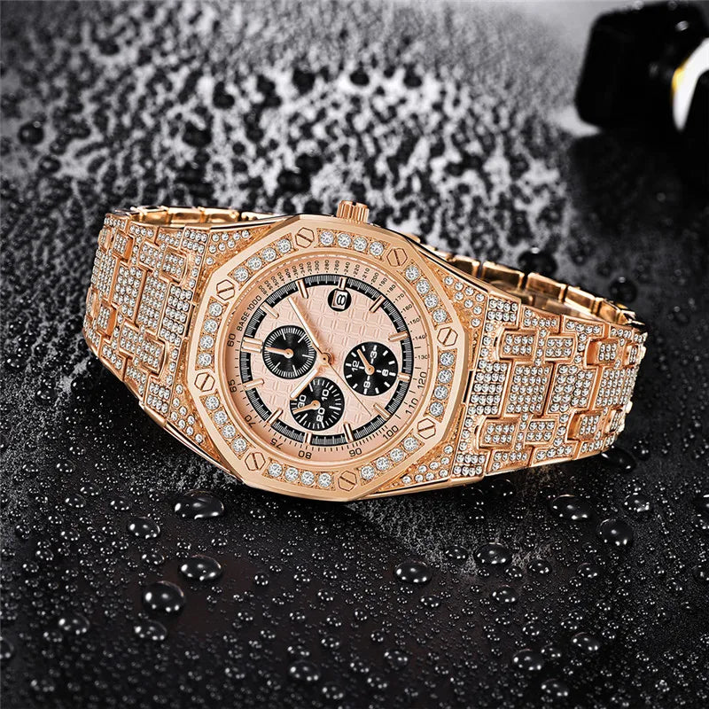 Montre Homme Original Brand Watches Men Hip Hop Diamond Fashion Casual Alloy Band Date Quartz Watch Silver Relogio Masculino