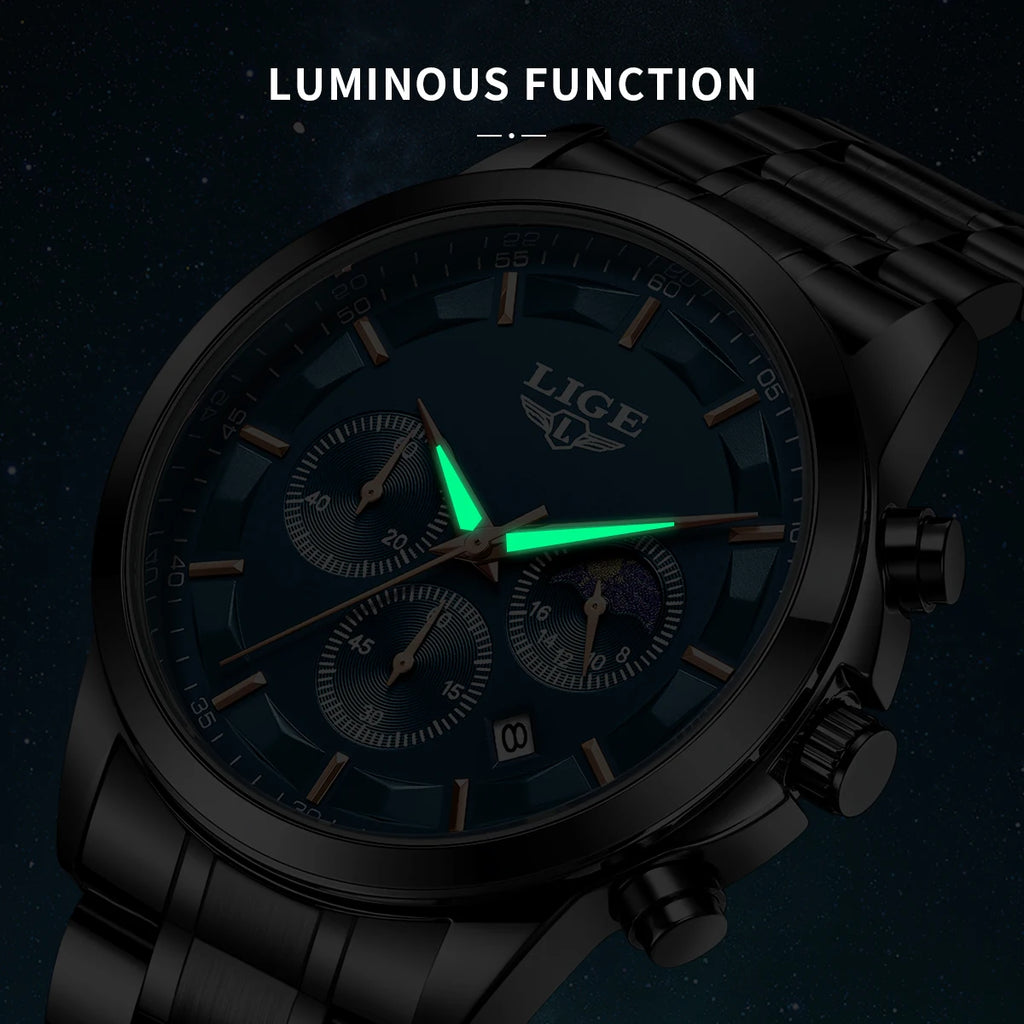 LIGE 2025 brand luxury Men's watches Business Luminous Waterproof Calendar Moon phase quartz watches for men relogios masculino