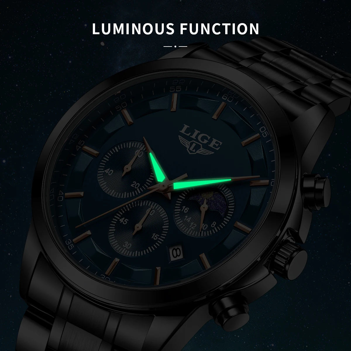 LIGE 2025 brand luxury Men's watches Business Luminous Waterproof Calendar Moon phase quartz watches for men relogios masculino