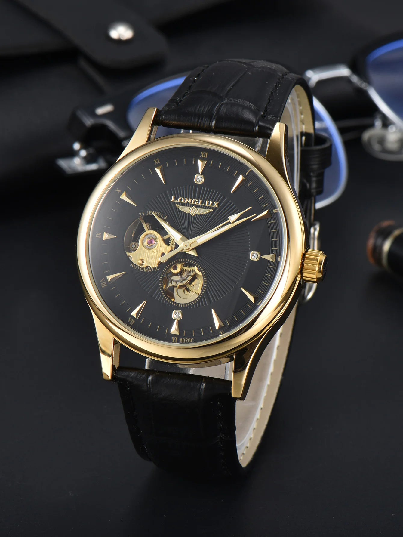 LONGLUX automatic watch elegant style wholesale mechanical wristwatches skeleton rome waterproof  mens watch men gift