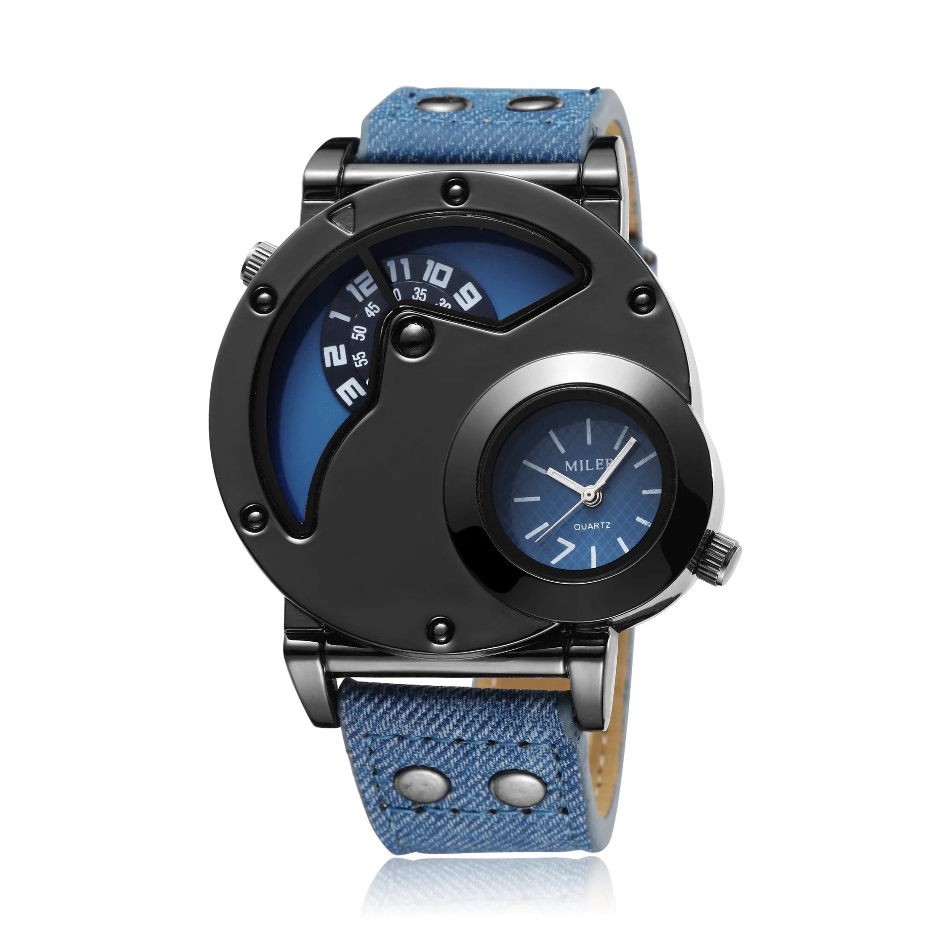 Luxury Men's Quartz Watch - Large Dual Dial Numerals, with Blue or Black Bronze Faux Leather Strap, Alloy Case, Non-Waterproof,