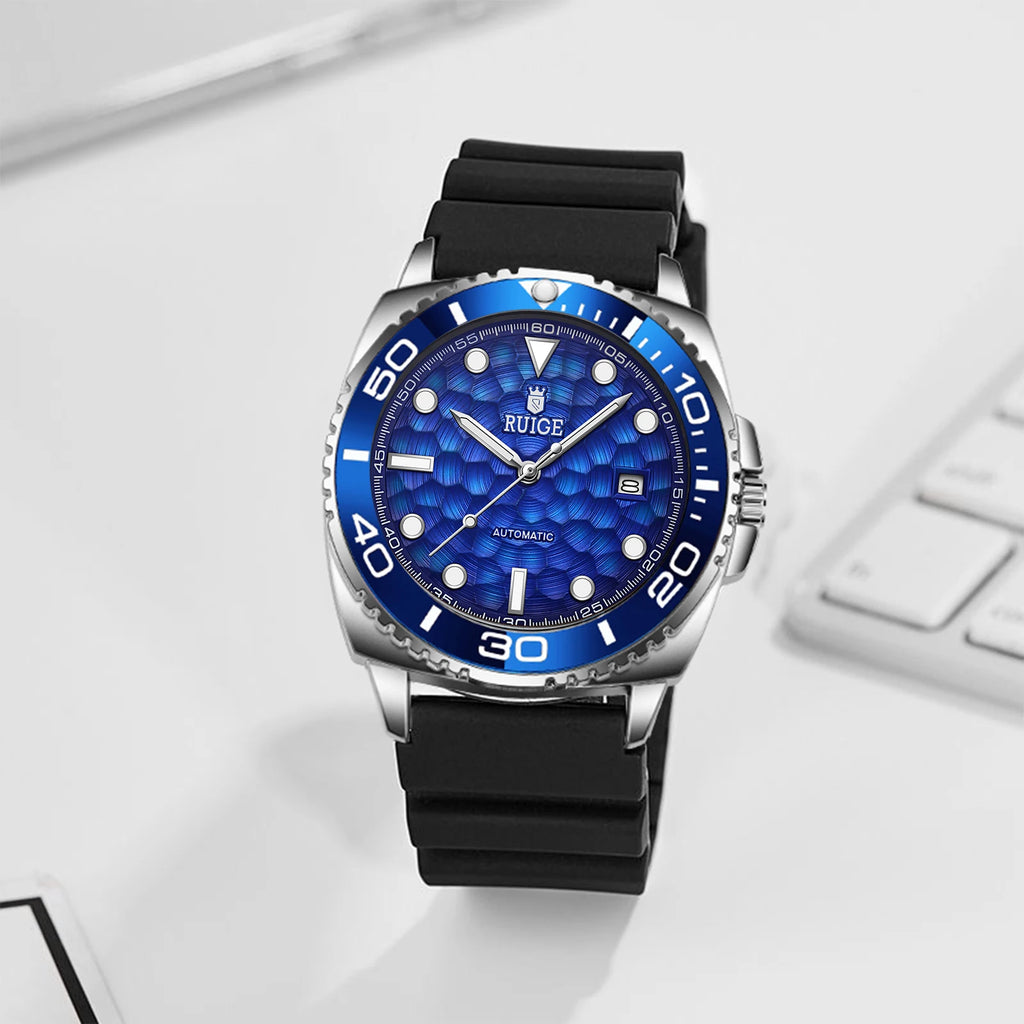 Luxury Automatic Mechanical Men's Watch - Blue Ocean Design, Transparent Skeletonized Dial - Elegantly Business-Fashionable Time