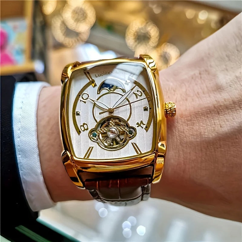 [Luxury Tourbillon Mechanical Watch] Lightweight Luxury Tourbillon Mechanical Watch for Men - Fully Automatic High-End Fashion Trend Skeleton Business Casual Men's Watch - Sun, Moon, Stars, Barrel Shape, Large Dial, Best Gift