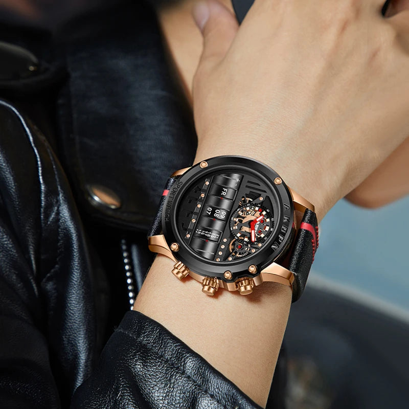 Luxury Electronic Quartz Watch For Men Business Watches Male Creative Men WristWatch Unique Rotate Date Leather Strap Watches