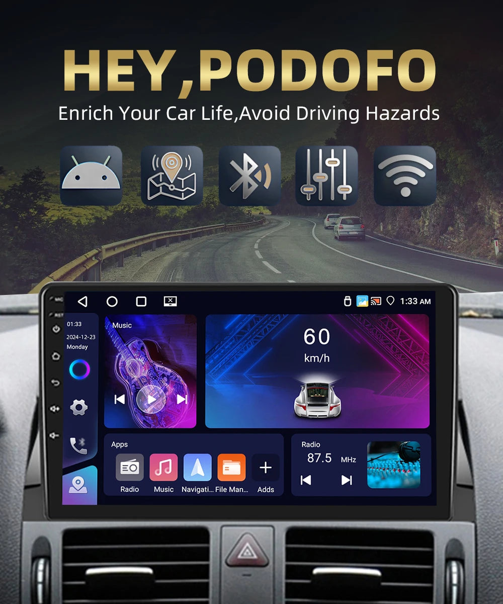 Podofo 2Din 9 ''Car Radio For Mercedes-Benz C-Class W204 S204 2007-2010 Multimedia Player GPS Carplay Android Car DSP BT RDS