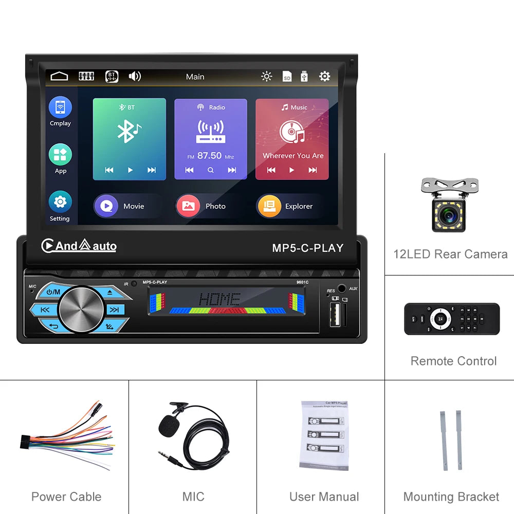 LeeKooLuu 1 Din Autoradio CarPlay&Android Auto 7'' Retractabe Screen Auto Flip-out Car Multimedia MP5 Player 1Din Stereo