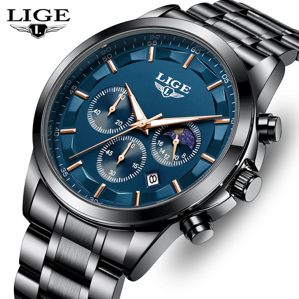 LIGE 2025 brand luxury Men's watches Business Luminous Waterproof Calendar Moon phase quartz watches for men relogios masculino