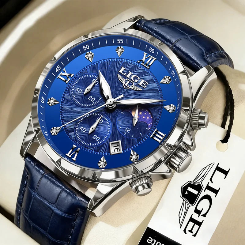 LIGE Fashion Mens Watches Top Brand Luxury Business Quartz Man Wristwatch Luminous Chronograph Leather Watch for Men+Box