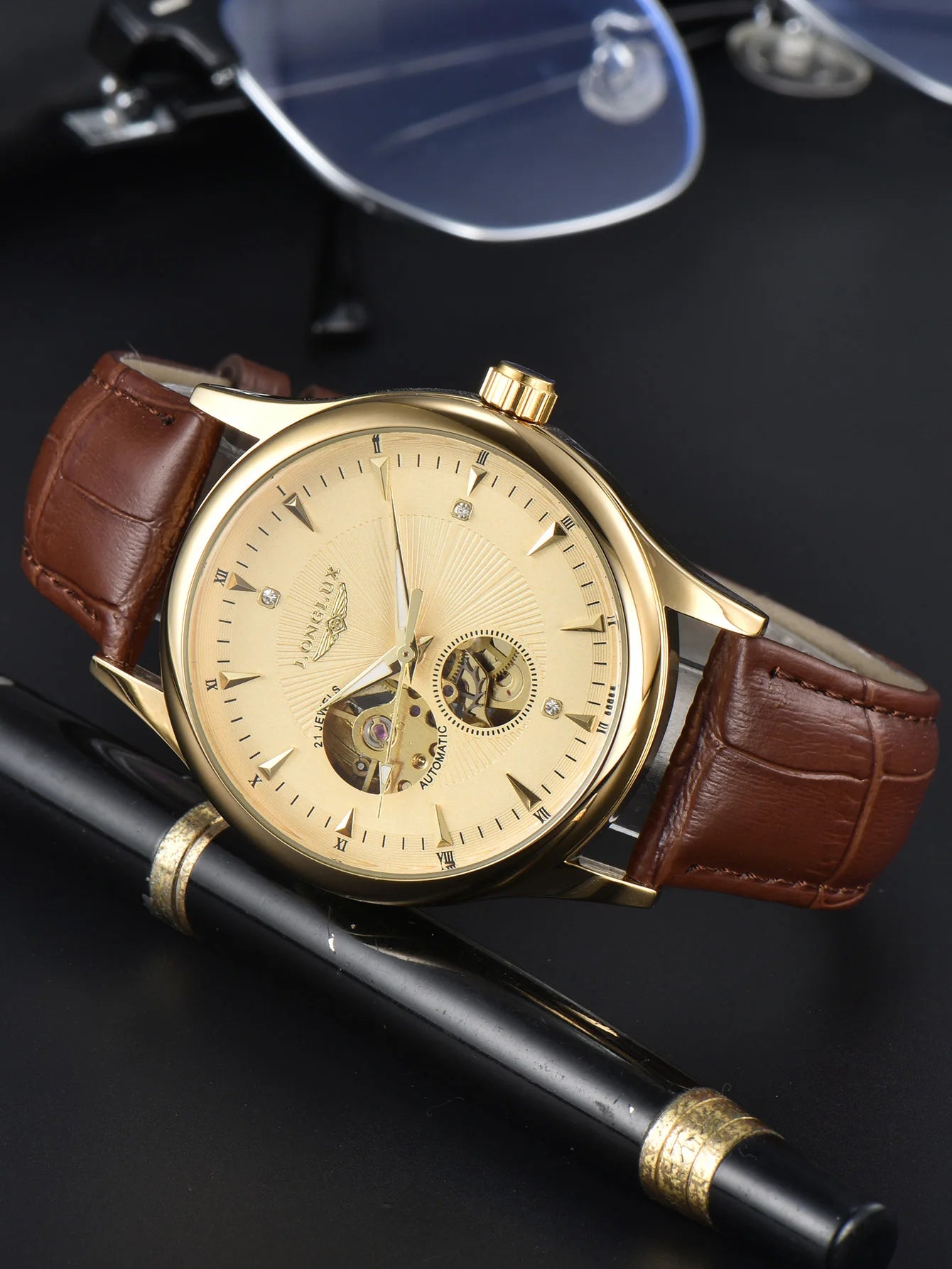 LONGLUX automatic watch elegant style wholesale mechanical wristwatches skeleton rome waterproof  mens watch men gift