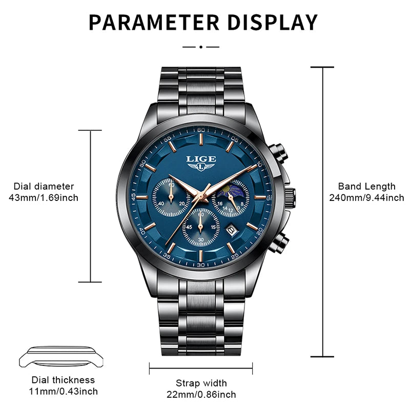 LIGE 2025 brand luxury Men's watches Business Luminous Waterproof Calendar Moon phase quartz watches for men relogios masculino
