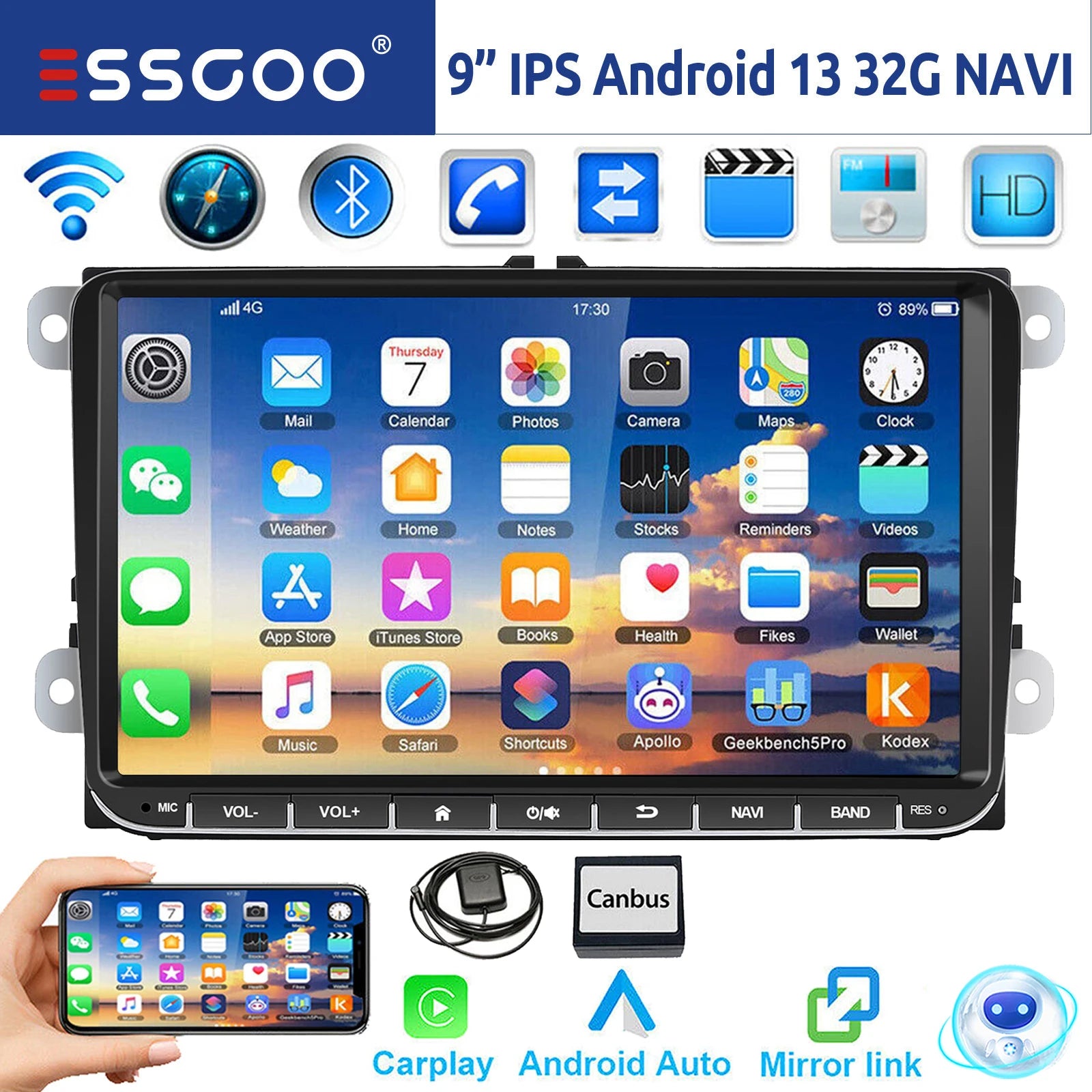ESSGOO 9" Android 14 4G+64G Apple Carplay Car Stereo GPS NAVI WIFI RDS FM BT for VW Golf 5 6 Passat Polo Touran Tiguan Caddy EOS