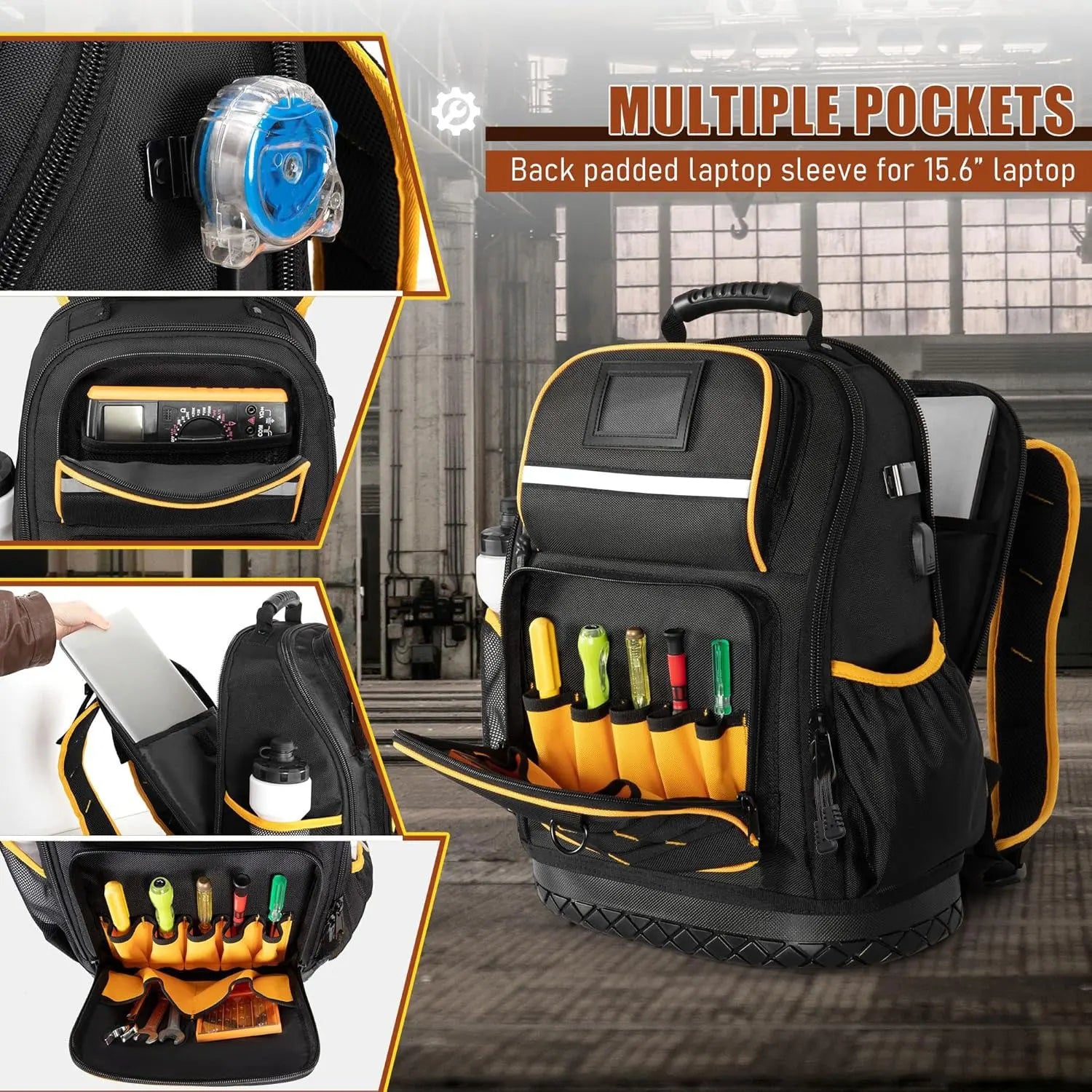 Tool Backpack Hard Bottom Tool Pouch Heavy Duty Tool Bag Organizer Rubber Base Electrician Plumber Maintenance Worker Tool Bags