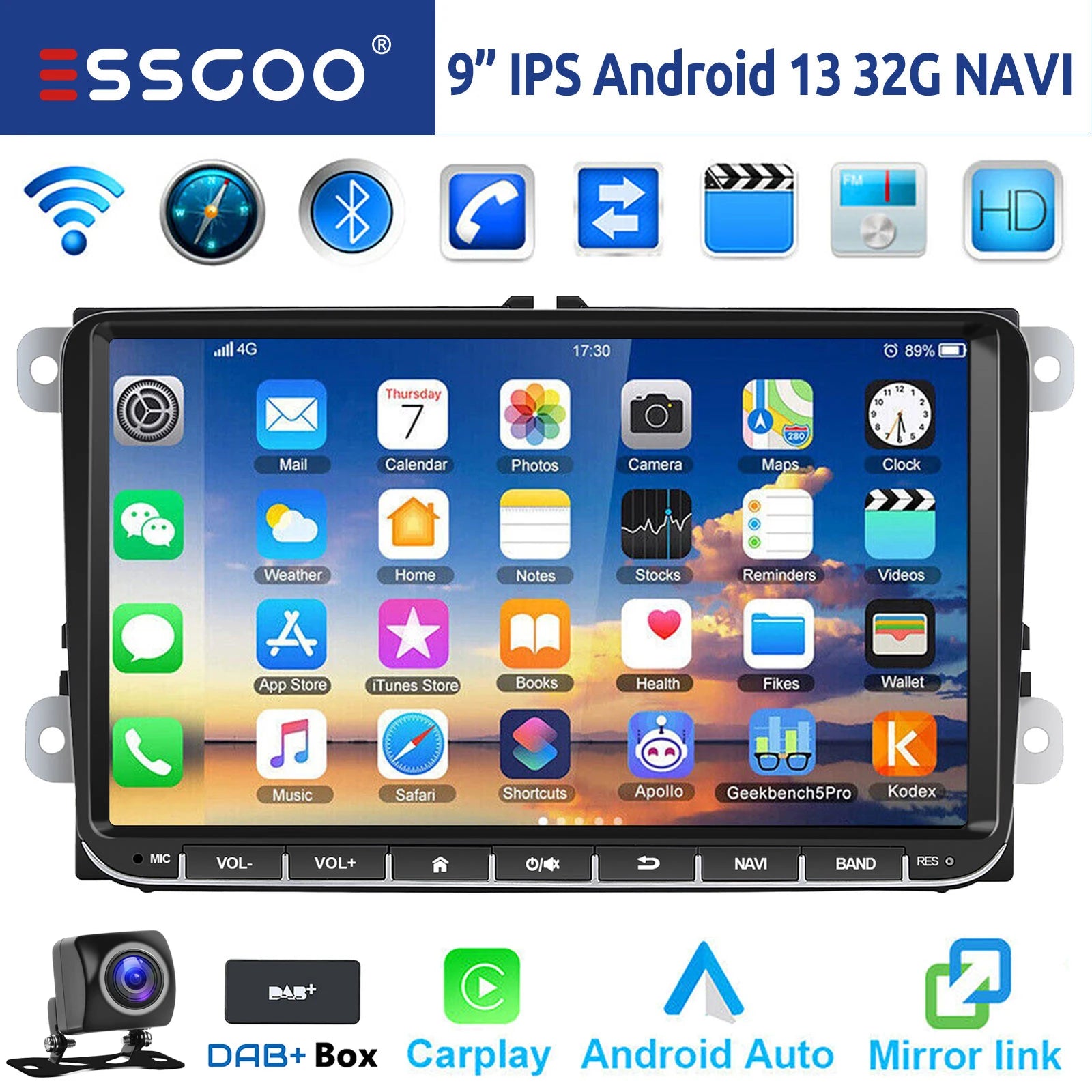 ESSGOO 9" Android 14 4G+64G Apple Carplay Car Stereo GPS NAVI WIFI RDS FM BT for VW Golf 5 6 Passat Polo Touran Tiguan Caddy EOS