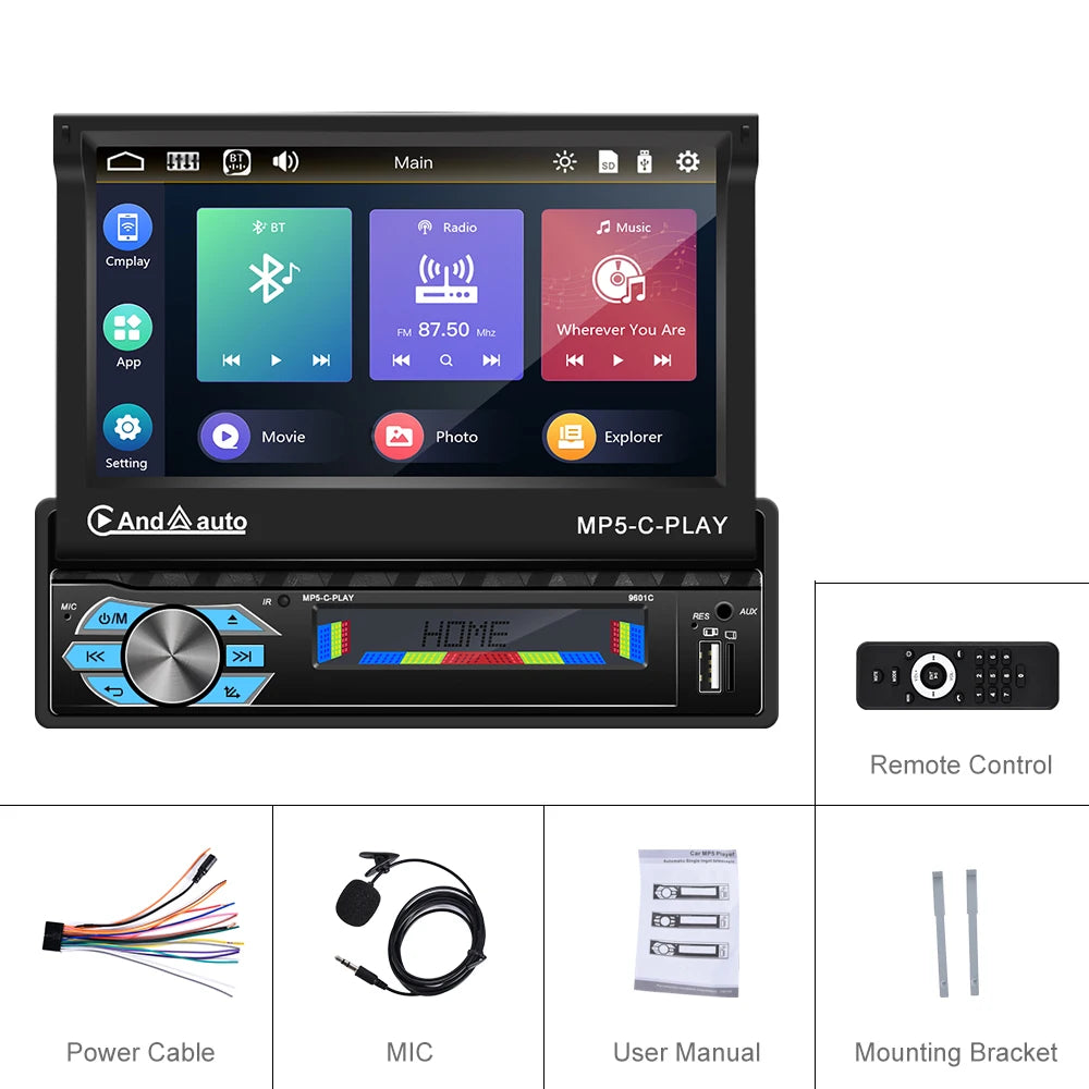 LeeKooLuu 1 Din Autoradio CarPlay&Android Auto 7'' Retractabe Screen Auto Flip-out Car Multimedia MP5 Player 1Din Stereo