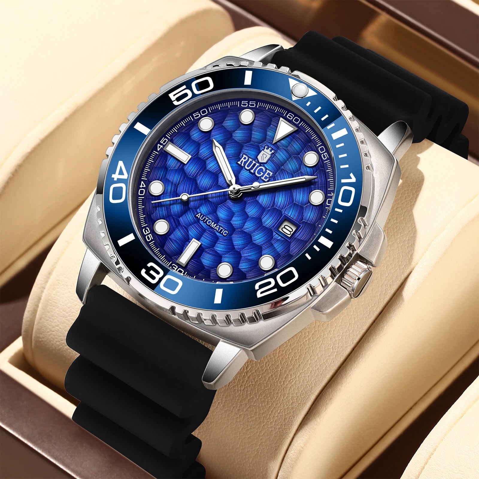 Luxury Automatic Mechanical Men's Watch - Blue Ocean Design, Transparent Skeletonized Dial - Elegantly Business-Fashionable Time