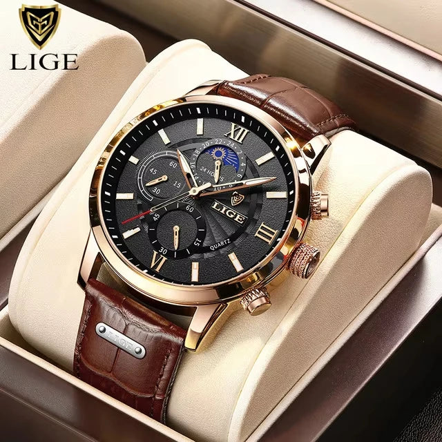 2025 New Mens Watches LIGE Top Brand Luxury Leather Casual Quartz Watch Men's Sport Waterproof Clock Watch Relogio Masculino+Box