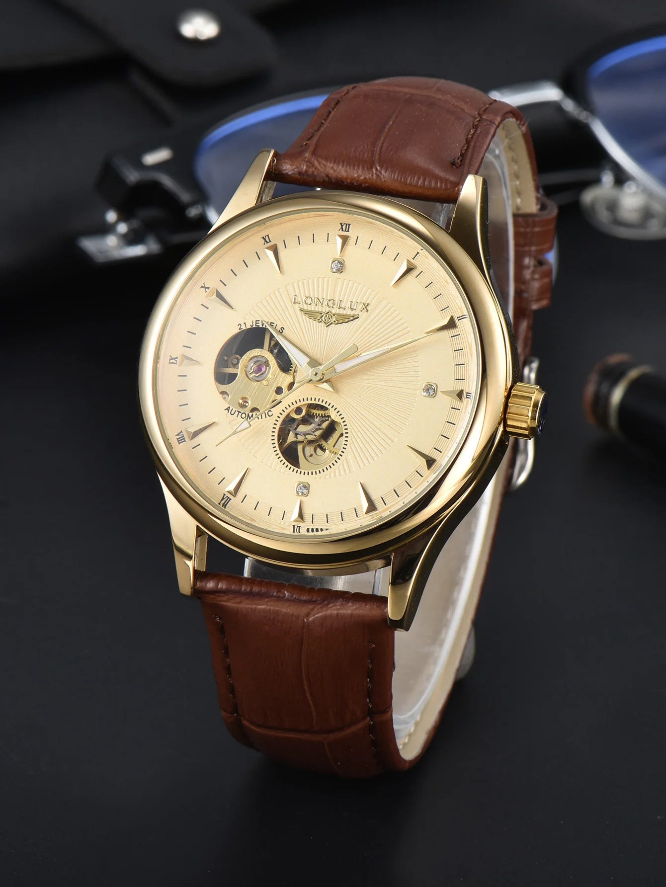 LONGLUX automatic watch elegant style wholesale mechanical wristwatches skeleton rome waterproof  mens watch men gift