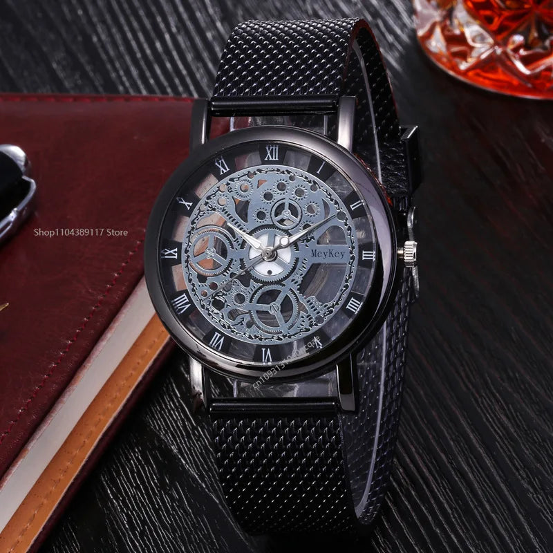Luxury Skeleton Men Watch Women Wrist Watches Fashion Montre Homme Gold Wrist Watch Men Steel Mesh Men's Watch