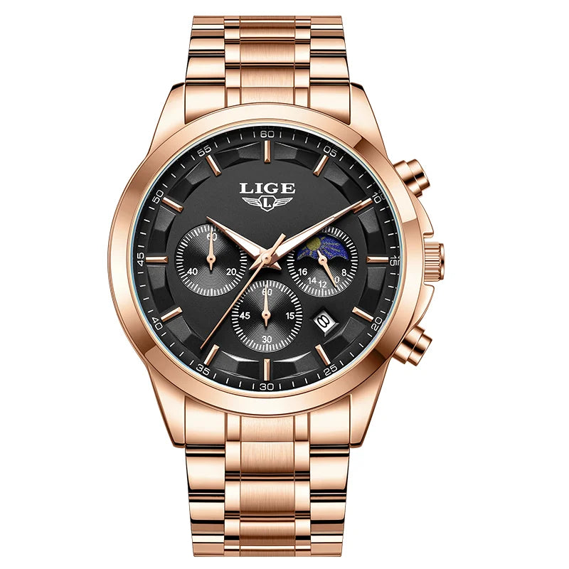 LIGE 2025 brand luxury Men's watches Business Luminous Waterproof Calendar Moon phase quartz watches for men relogios masculino