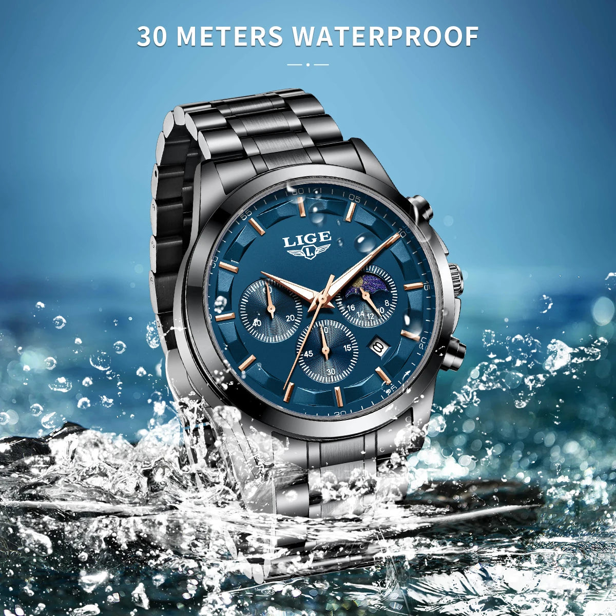 LIGE 2025 brand luxury Men's watches Business Luminous Waterproof Calendar Moon phase quartz watches for men relogios masculino