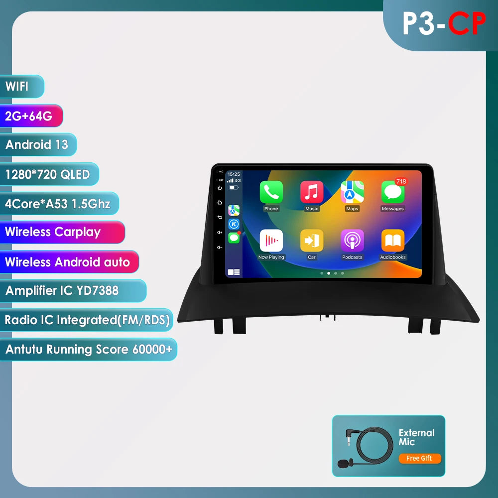 Hizpo Car Intelligent Systems Smart Radio for Renault Megane 2 2002-2009 GPS Wireless CarPlay Android Auto Autoradio 6115 8+128G