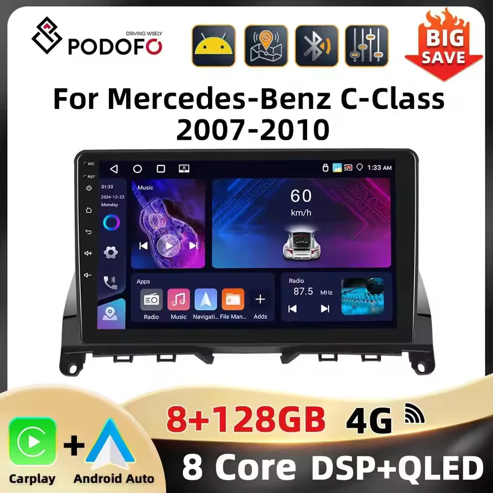 Podofo 2Din 9 ''Car Radio For Mercedes-Benz C-Class W204 S204 2007-2010 Multimedia Player GPS Carplay Android Car DSP BT RDS