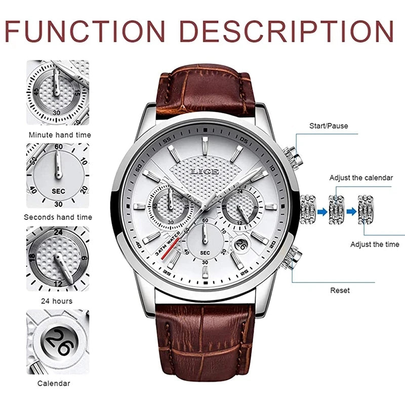 LIGE 2025 Watch Men Fashion Sports Quartz Clocks Mens Watches Top Brand Leather Military Waterproof Date Watch Relogio Masculino