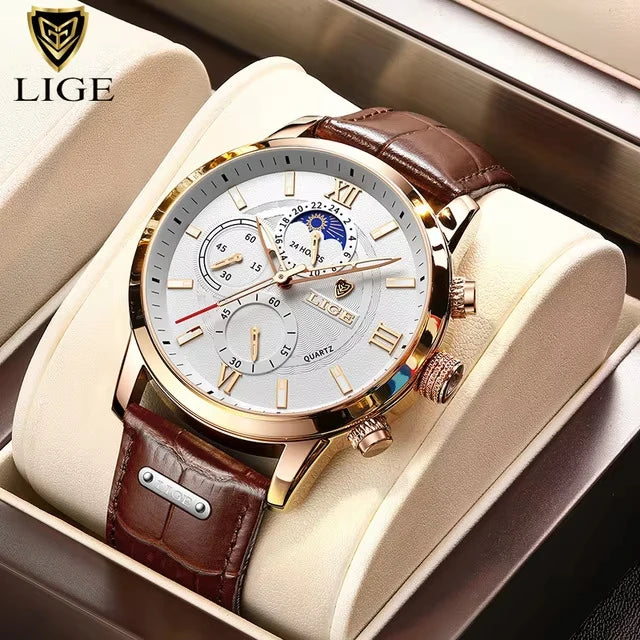 2025 New Mens Watches LIGE Top Brand Luxury Leather Casual Quartz Watch Men's Sport Waterproof Clock Watch Relogio Masculino+Box