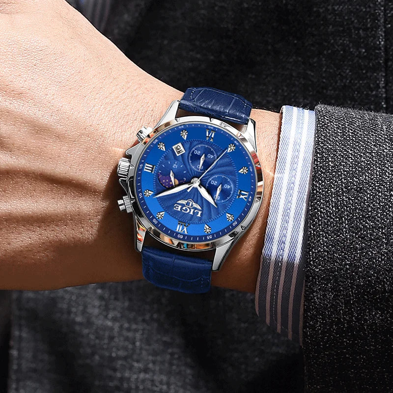 LIGE Fashion Mens Watches Top Brand Luxury Business Quartz Man Wristwatch Luminous Chronograph Leather Watch for Men+Box