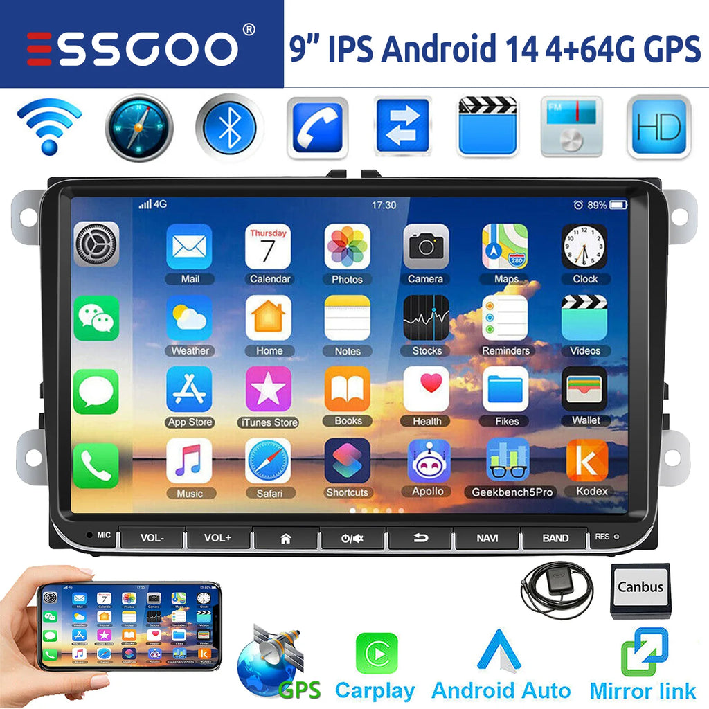 ESSGOO 9" Android 14 4G+64G Apple Carplay Car Stereo GPS NAVI WIFI RDS FM BT for VW Golf 5 6 Passat Polo Touran Tiguan Caddy EOS