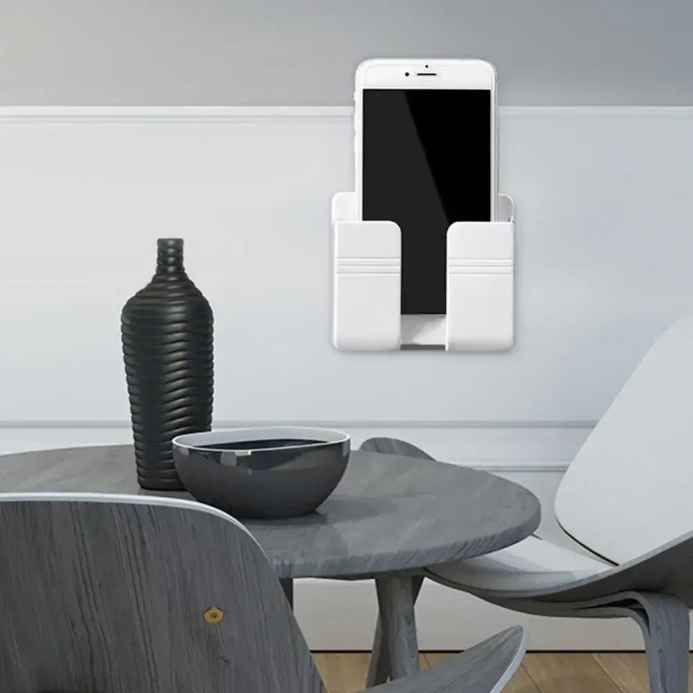 Paste Wall Mounted Mobile Phone Holder Punch Free Storage Box TV Remote Control Cell Phone Plug Charging Support Phone Stand
