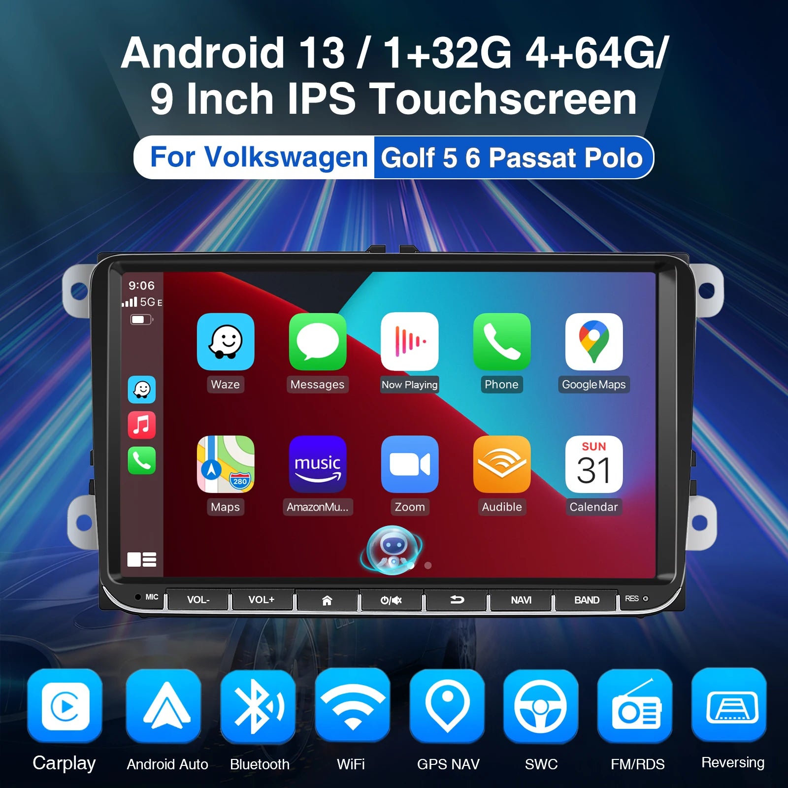 ESSGOO 9" Android 14 4G+64G Apple Carplay Car Stereo GPS NAVI WIFI RDS FM BT for VW Golf 5 6 Passat Polo Touran Tiguan Caddy EOS