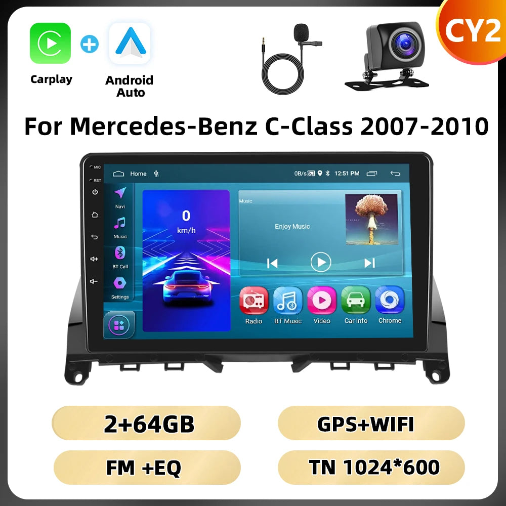 Podofo 2Din 9 ''Car Radio For Mercedes-Benz C-Class W204 S204 2007-2010 Multimedia Player GPS Carplay Android Car DSP BT RDS