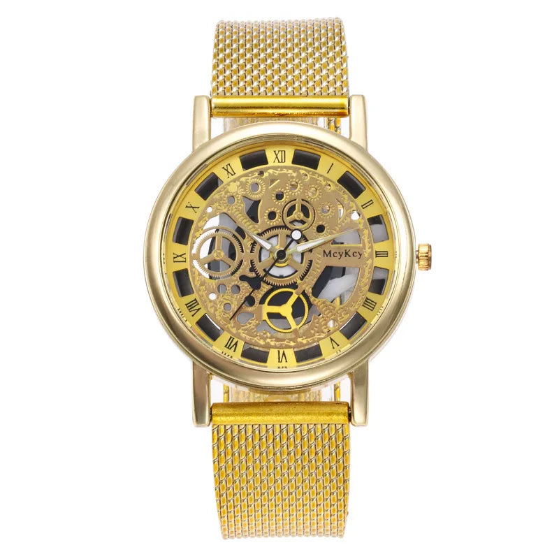 Luxury Skeleton Men Watch Women Wrist Watches Fashion Montre Homme Gold Wrist Watch Men Steel Mesh Men's Watch