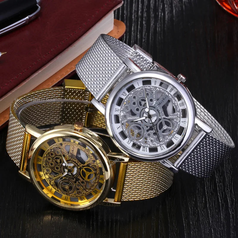 Luxury Skeleton Men Watch Women Wrist Watches Fashion Montre Homme Gold Wrist Watch Men Steel Mesh Men's Watch