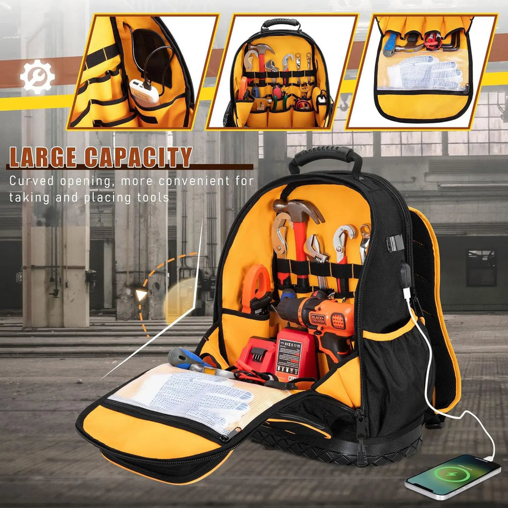Tool Backpack Hard Bottom Tool Pouch Heavy Duty Tool Bag Organizer Rubber Base Electrician Plumber Maintenance Worker Tool Bags