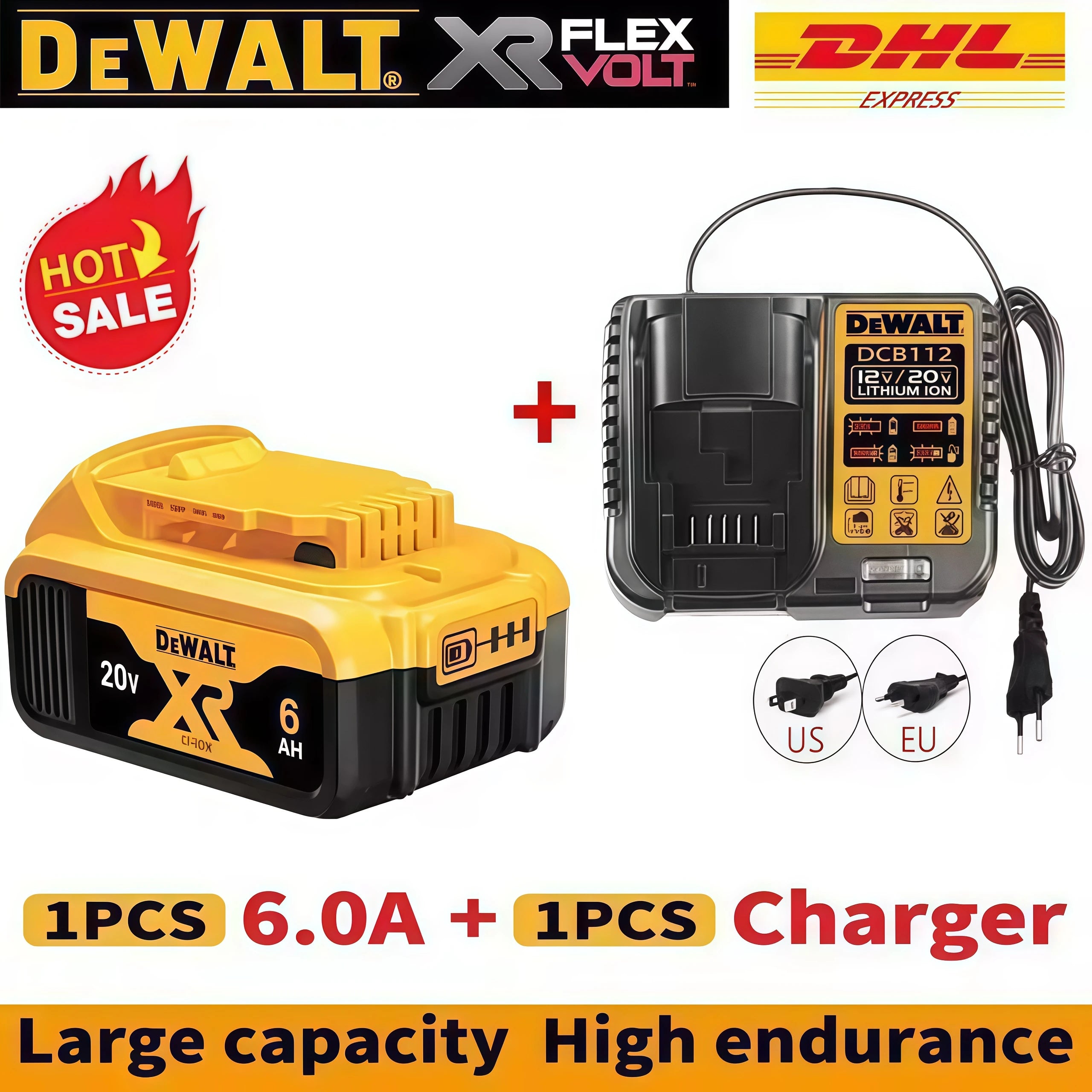 100% DeWALT Original Battery 20V/5Ah 6Ah MAX FlexVolt for DCB606 DCB205 DCB206 DCB209 DCB182 DCF512 Power Tool with Charger