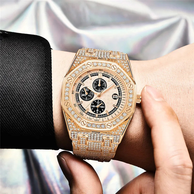 Montre Homme Original Brand Watches Men Hip Hop Diamond Fashion Casual Alloy Band Date Quartz Watch Silver Relogio Masculino