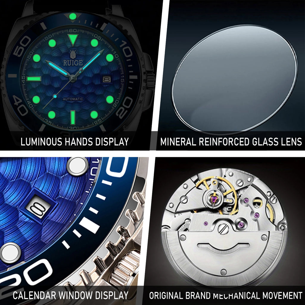 Luxury Automatic Mechanical Men's Watch - Blue Ocean Design, Transparent Skeletonized Dial - Elegantly Business-Fashionable Time