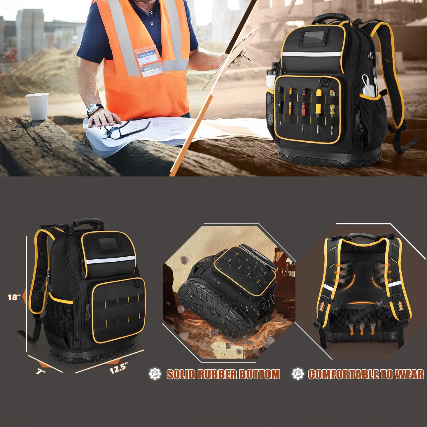 Tool Backpack Hard Bottom Tool Pouch Heavy Duty Tool Bag Organizer Rubber Base Electrician Plumber Maintenance Worker Tool Bags