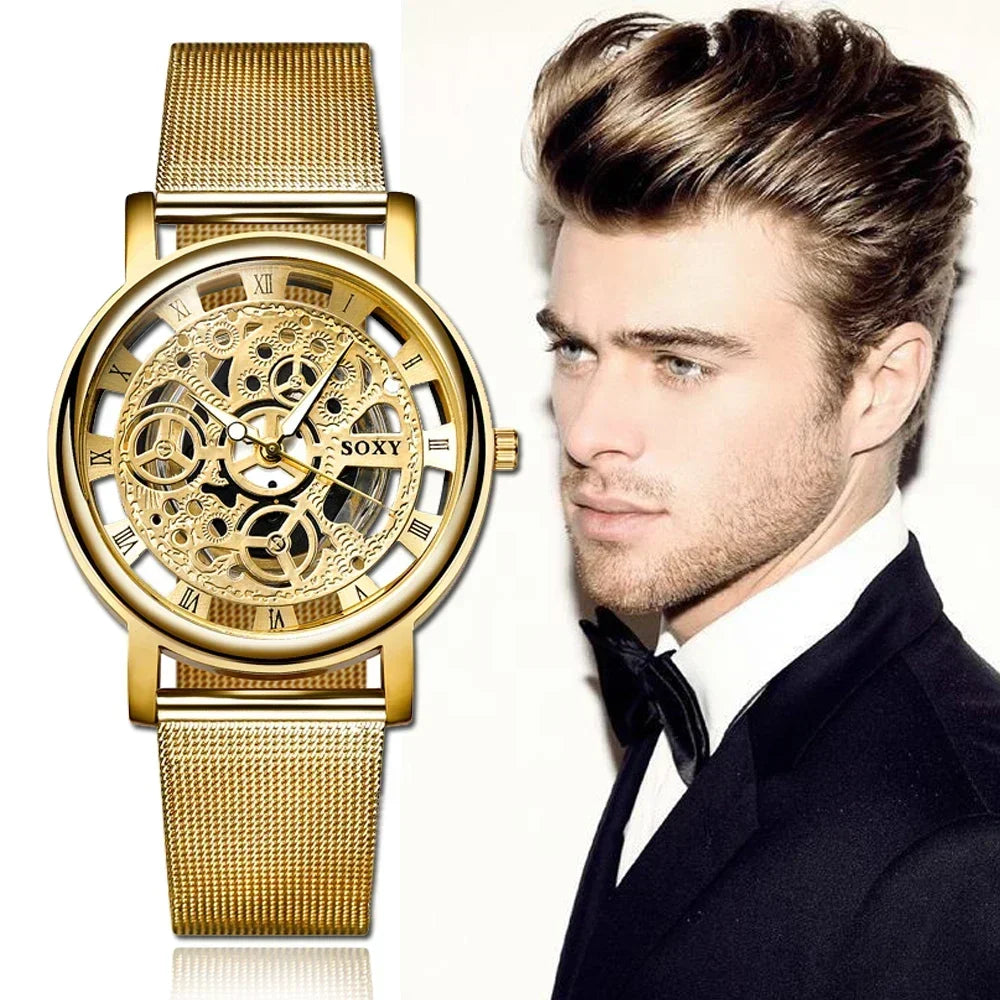 Luxury Skeleton Men Watch Women Wrist Watches Fashion Montre Homme Gold Wrist Watch Men Steel Mesh Men's Watch