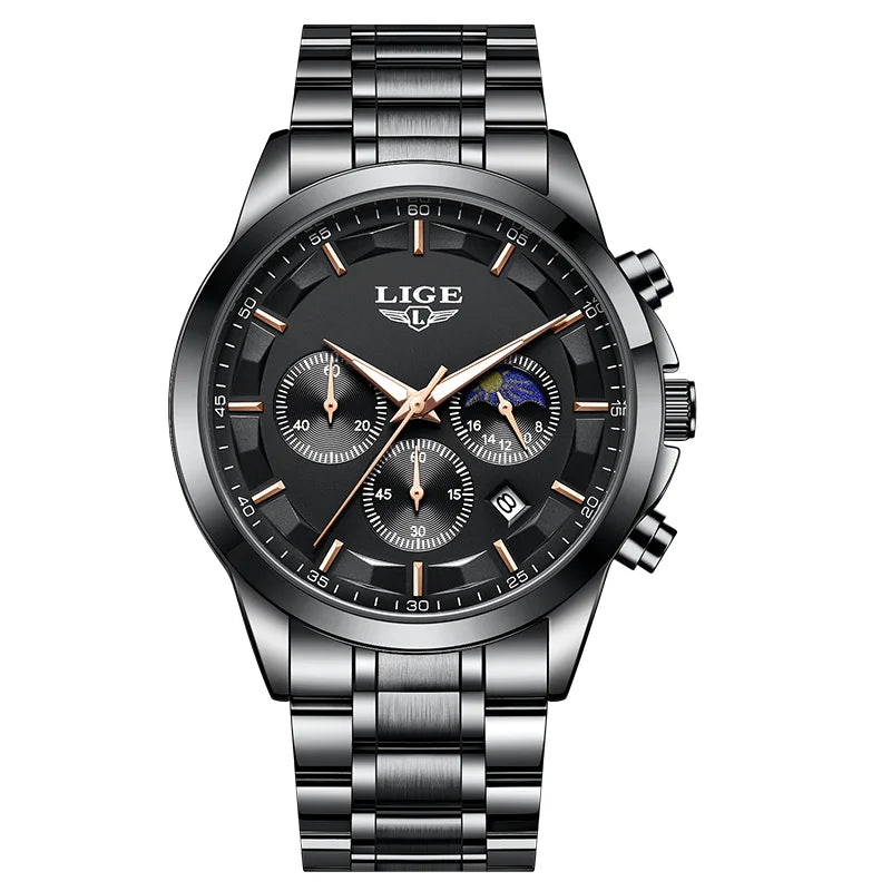 LIGE 2025 brand luxury Men's watches Business Luminous Waterproof Calendar Moon phase quartz watches for men relogios masculino