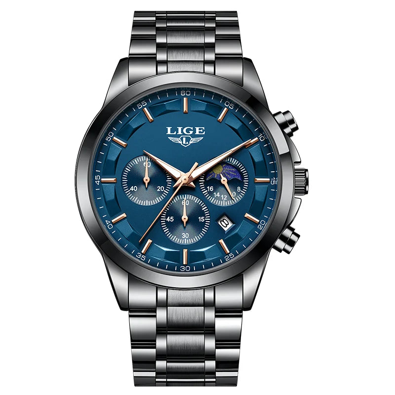 LIGE 2025 brand luxury Men's watches Business Luminous Waterproof Calendar Moon phase quartz watches for men relogios masculino